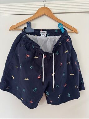 Men's Navy Swim Trunks with Multicolor Beach Motif